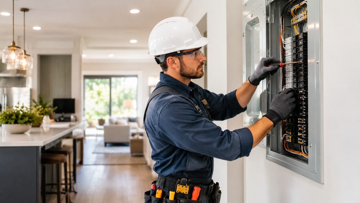 Electrician working on a home electrical panel