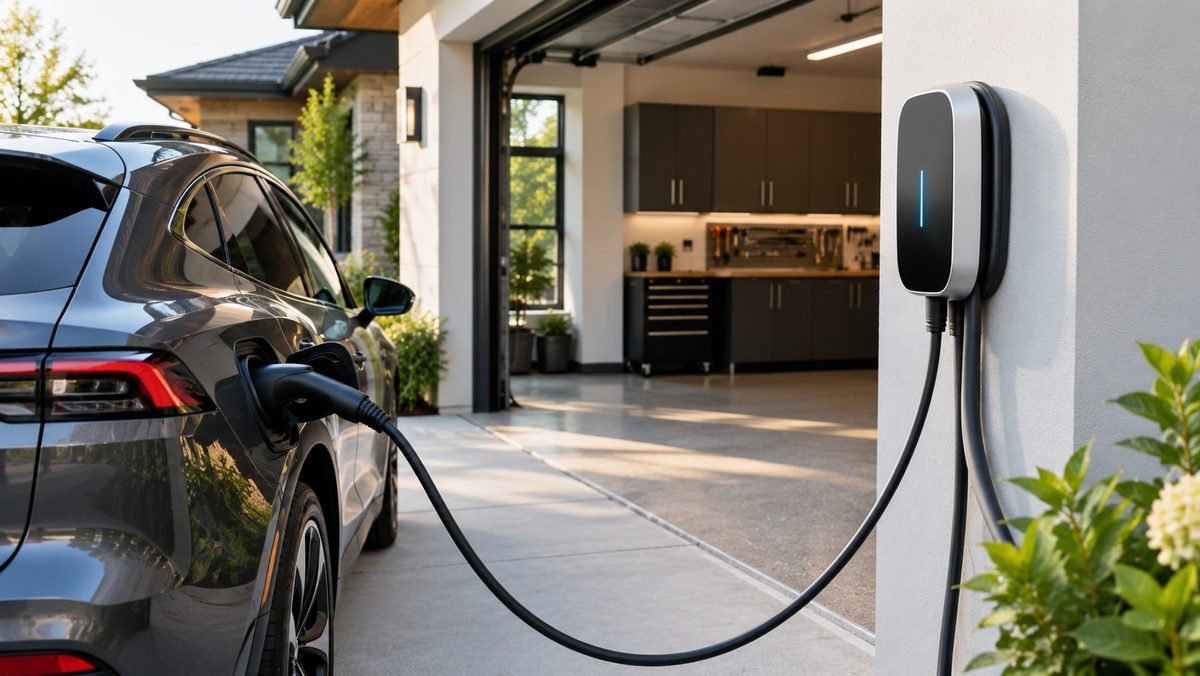 Electric vehicle charging from a wall-mounted home charger in a driveway