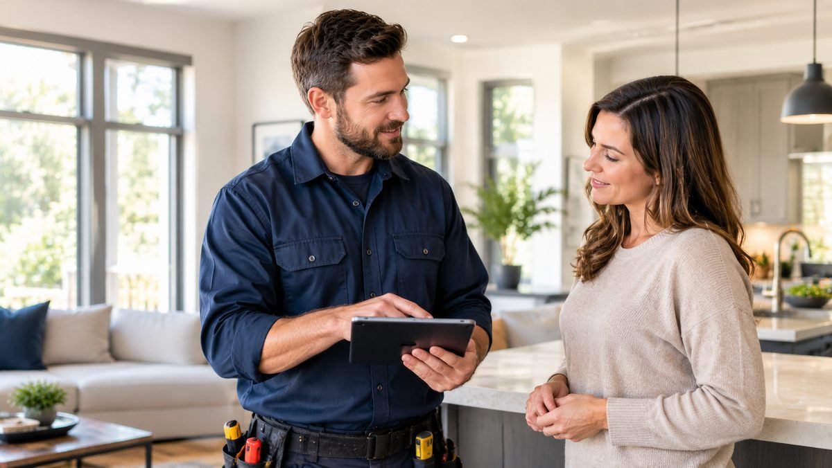 Vanguard Home Energy technician reviewing a home energy project with a homeowner