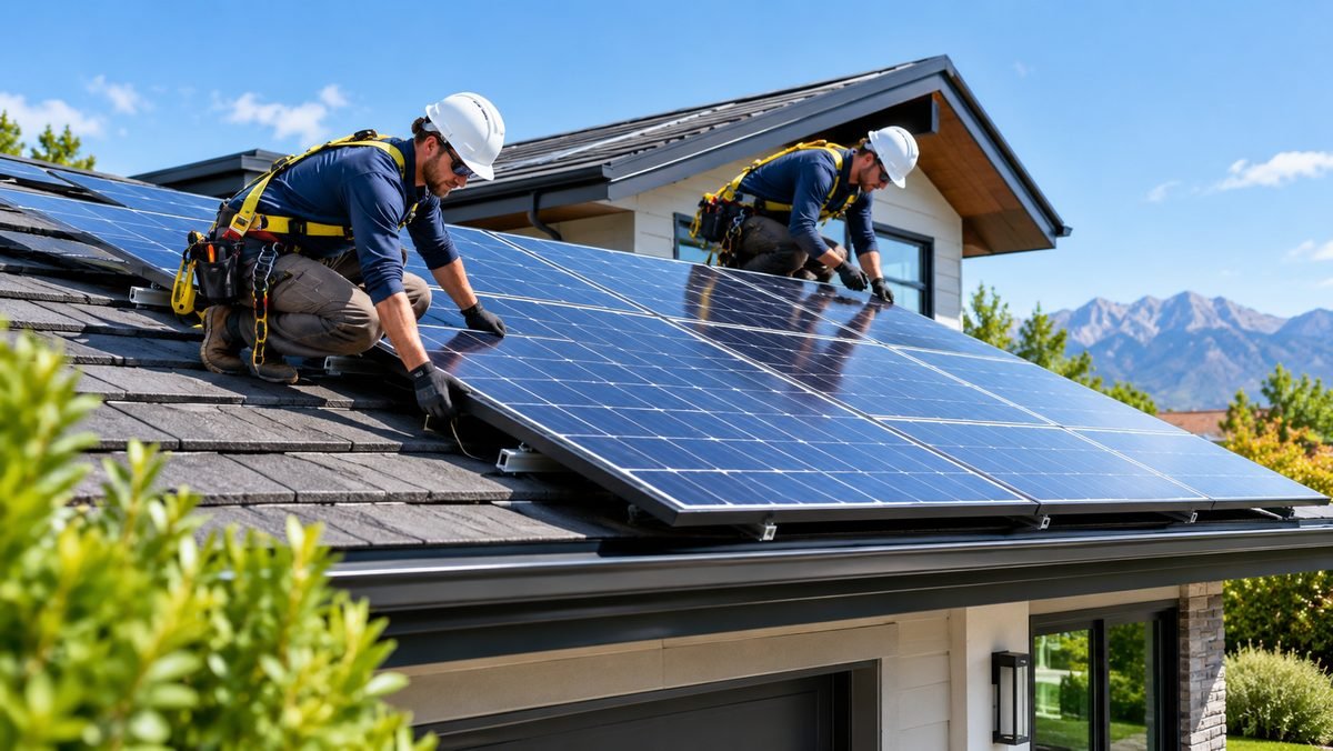 Two installers securing solar panels on a residential roof